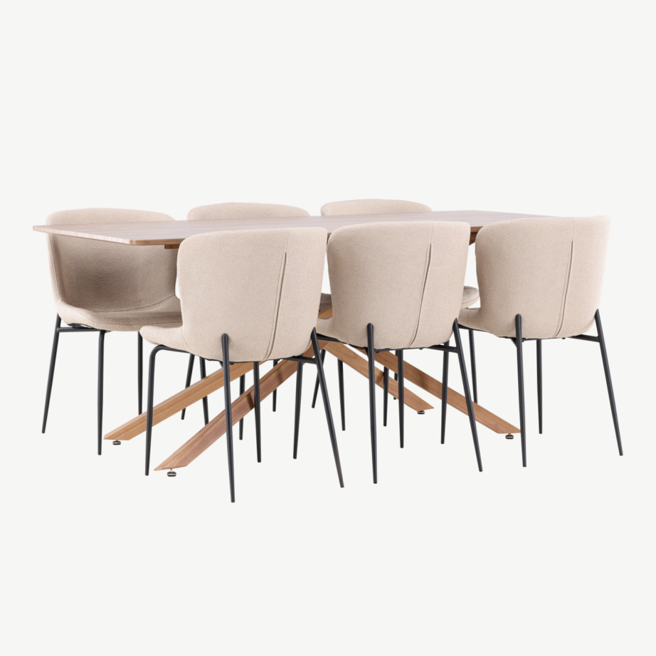 Söögitoakomplekt Piazza laud ja 6 Modesto tooli (mokkas viimistlus, beež buklee, mustad jalad), GR24520 – 4