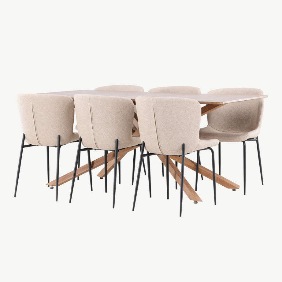 Söögitoakomplekt Piazza laud ja 6 Modesto tooli (mokkas viimistlus, beež buklee, mustad jalad), GR24520