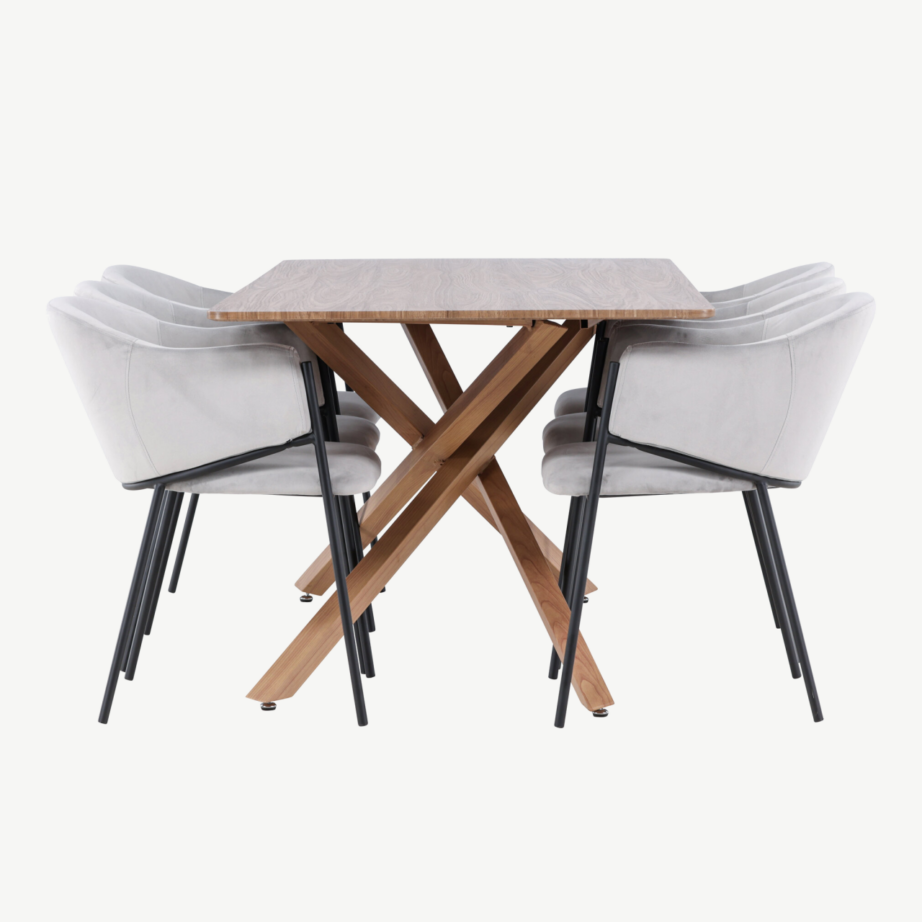 Söögitoakomplekt Piazza laud ja Evelina sametist toolid (mokkavärvi MDF, helehall, 6-le), GR24524 – 2