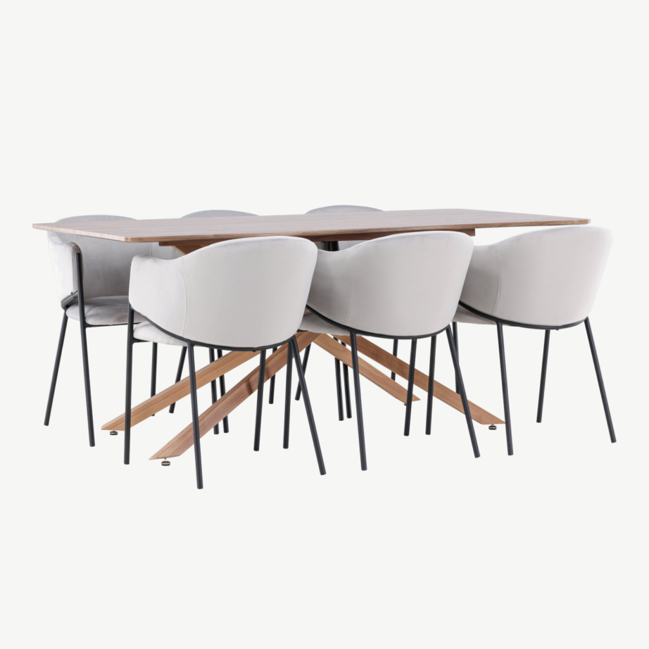 Söögitoakomplekt Piazza laud ja Evelina sametist toolid (mokkavärvi MDF, helehall, 6-le), GR24524 – 4