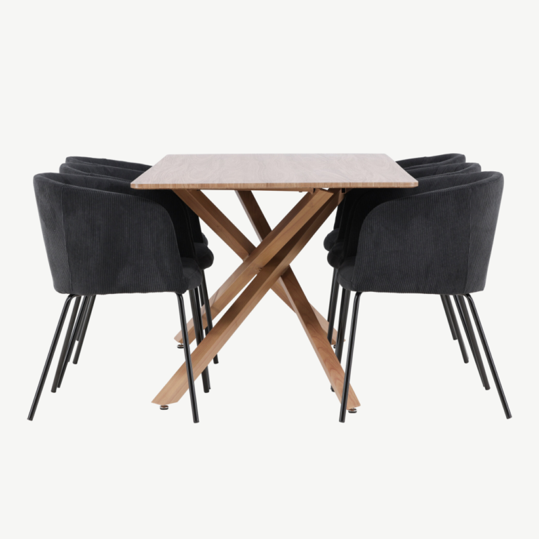 Söögitoakomplekt Piazza: mokka MDF laud 180x90 cm ja mustad polüester buklee toolid (6 tk) - GR24518