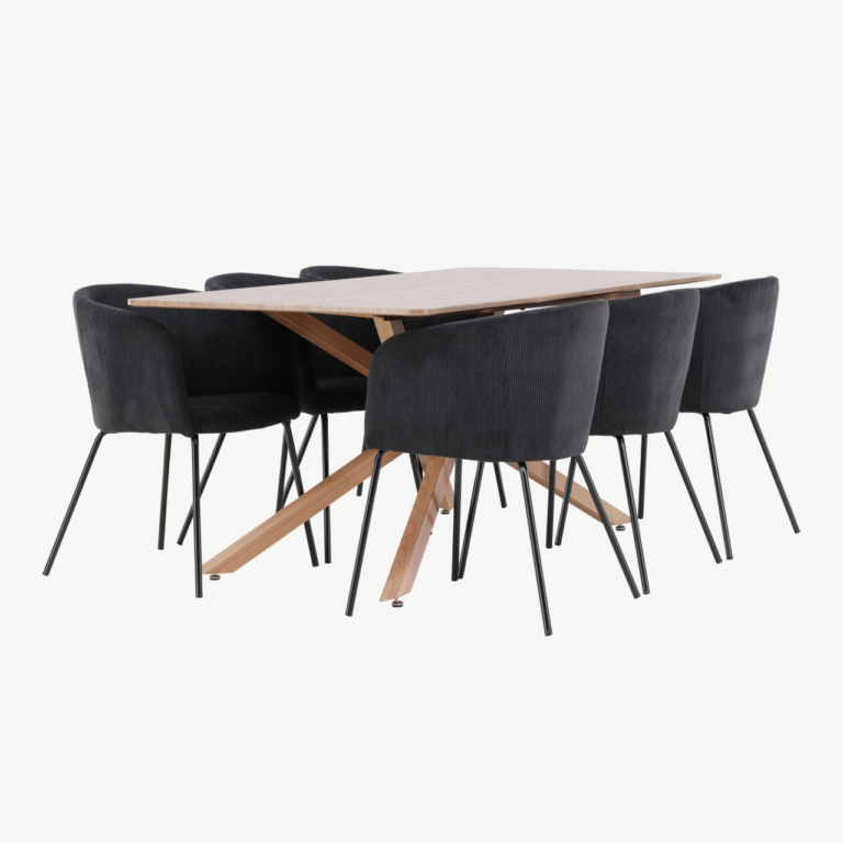 Söögitoakomplekt Piazza: mokka MDF laud 180x90 cm ja mustad polüester buklee toolid (6 tk) - GR24518