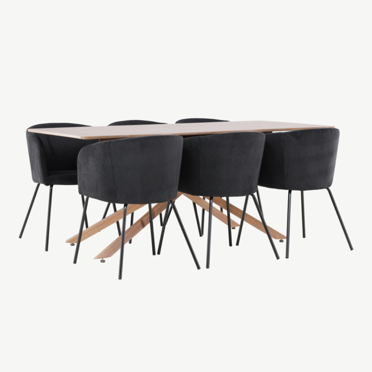 Söögitoakomplekt Piazza: mokka MDF laud 180x90 cm ja mustad polüester buklee toolid (6 tk) - GR24518