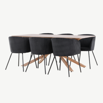 Söögitoakomplekt Piazza: mokka MDF laud 180x90 cm ja mustad polüester buklee toolid (6 tk) - GR24518