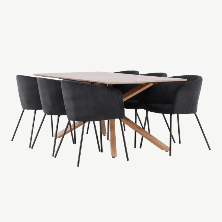 Söögitoakomplekt Piazza: mokka MDF laud 180x90 cm ja mustad polüester buklee toolid (6 tk) - GR24518