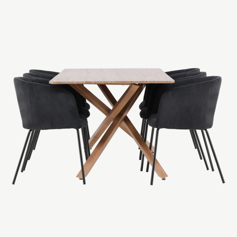 Söögitoakomplekt Piazza: mokka MDF laud 180x90 cm ja mustad polüester buklee toolid (6 tk) - GR24518