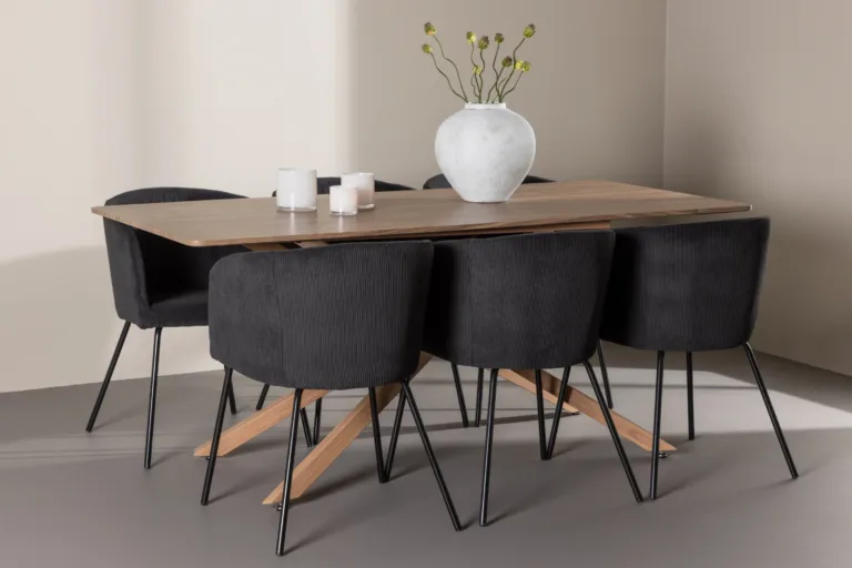 Söögitoakomplekt Piazza: mokka MDF laud 180x90 cm ja mustad polüester buklee toolid (6 tk) - GR24518