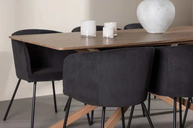 Söögitoakomplekt Piazza: mokka MDF laud 180x90 cm ja mustad polüester buklee toolid (6 tk) - GR24518