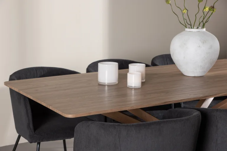 Söögitoakomplekt Piazza: mokka MDF laud 180x90 cm ja mustad polüester buklee toolid (6 tk) - GR24518