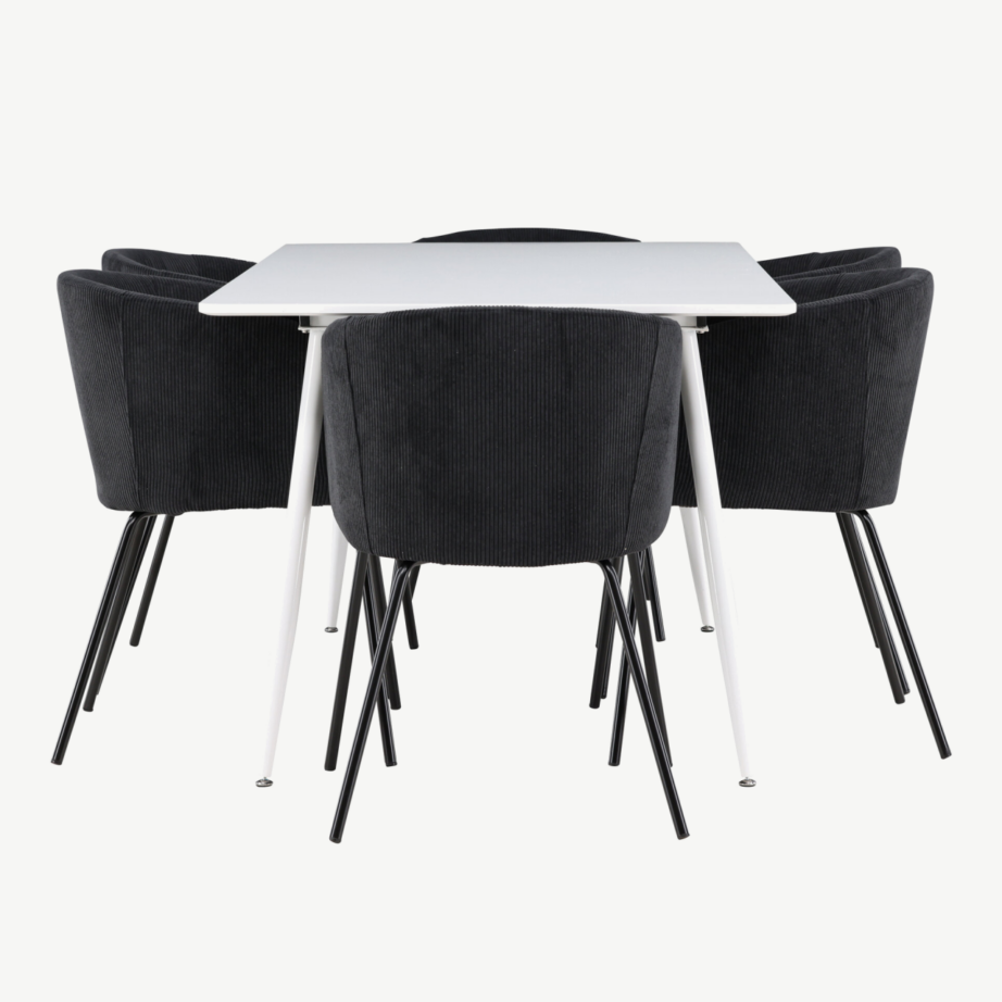 Söögitoakomplekt Silar ja Berit – valge MDF laud, musta bukleekangaga toolid, GR24496 – 2