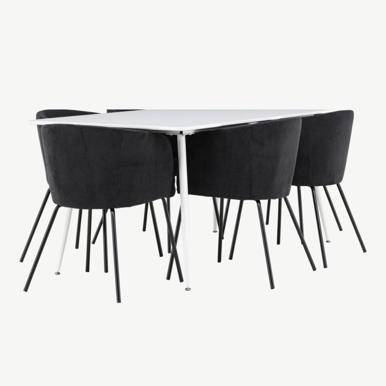 Söögitoakomplekt Silar ja Berit – valge MDF laud, musta bukleekangaga toolid - GR24496