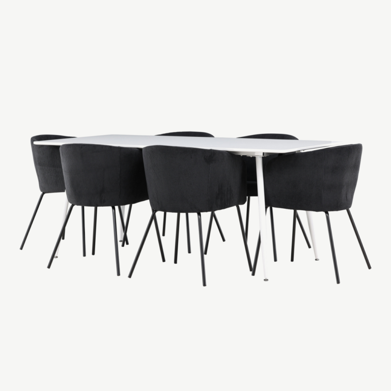 Söögitoakomplekt Silar ja Berit – valge MDF laud, musta bukleekangaga toolid - GR24496