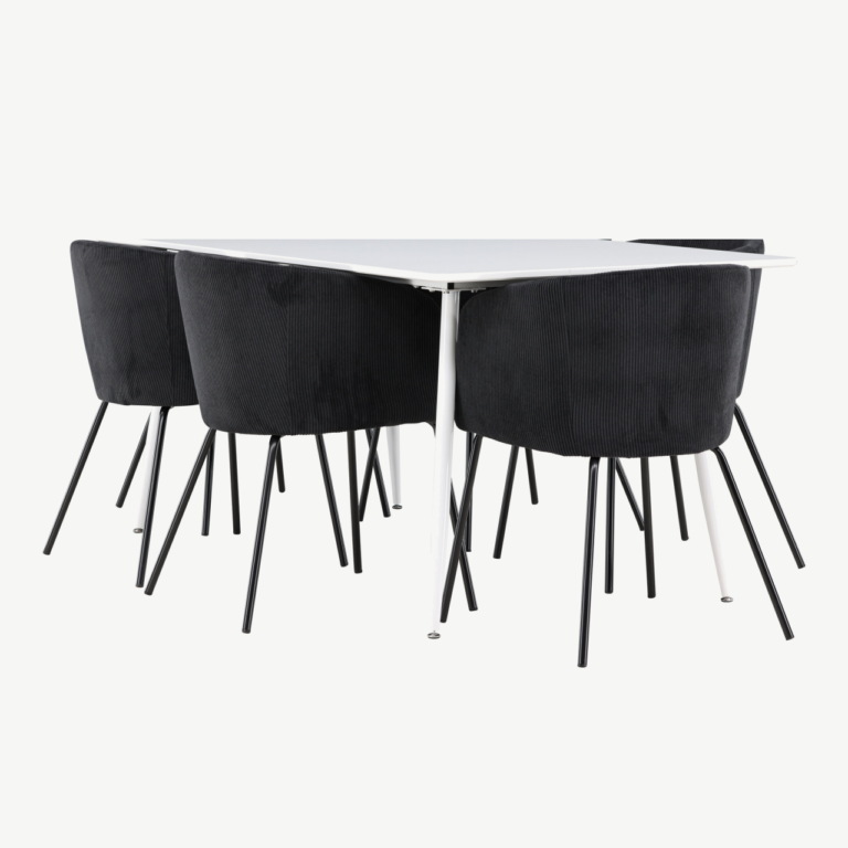 Söögitoakomplekt Silar ja Berit – valge MDF laud, musta bukleekangaga toolid - GR24496