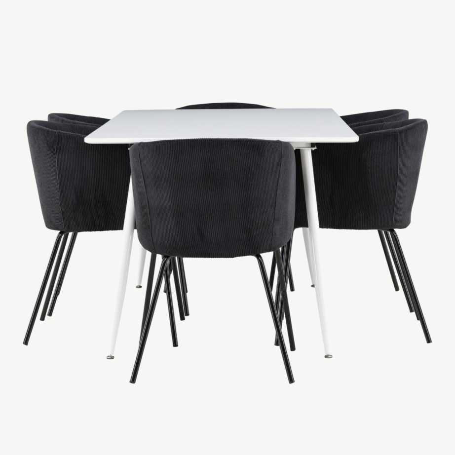 Söögitoakomplekt Silar ja Berit – valge MDF laud, musta bukleekangaga toolid, GR24496 – 7