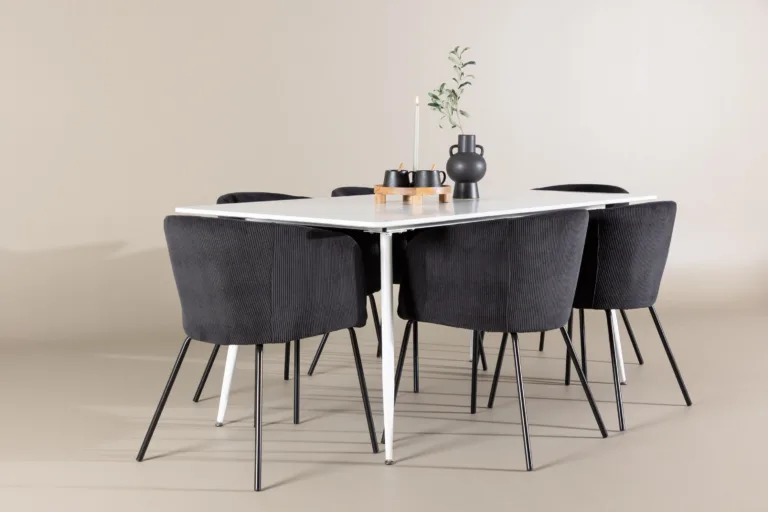 Söögitoakomplekt Silar ja Berit – valge MDF laud, musta bukleekangaga toolid - GR24496