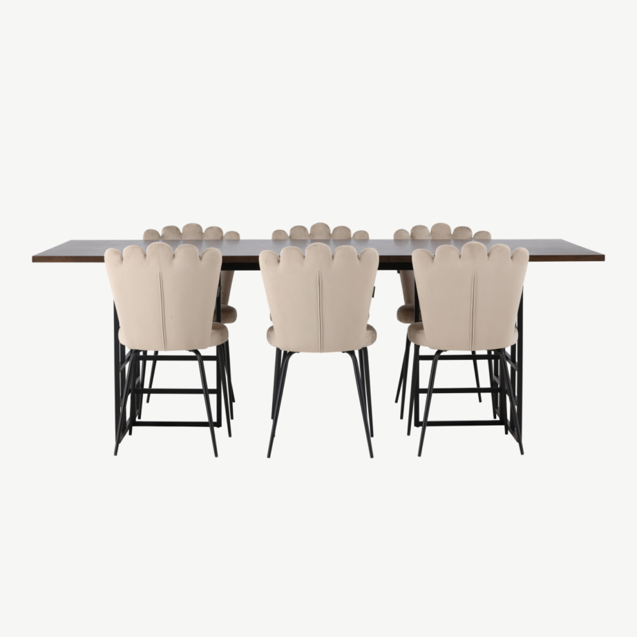 Söögitoakomplekt Ystad (moka tammepuitvineer, must metall) ja Limhamn velvetist söögitoolid (beež, mustad jalad), GR23759 – 2