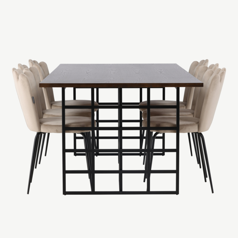 Söögitoakomplekt Ystad (moka tammepuitvineer, must metall) ja Limhamn velvetist söögitoolid (beež, mustad jalad), GR23759 – 3