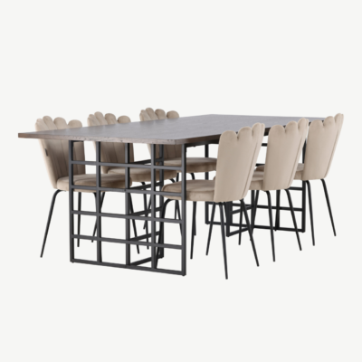 Söögitoakomplekt Ystad (moka tammepuitvineer, must metall) ja Limhamn velvetist söögitoolid (beež, mustad jalad) - GR23759