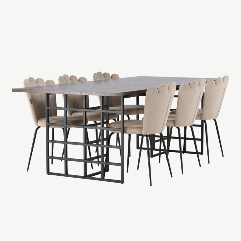Söögitoakomplekt Ystad (moka tammepuitvineer, must metall) ja Limhamn velvetist söögitoolid (beež, mustad jalad) - GR23759