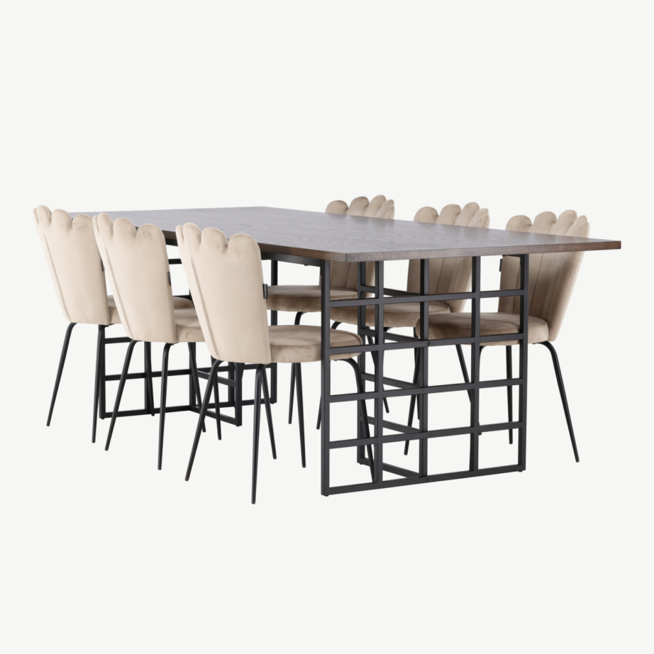 Söögitoakomplekt Ystad (moka tammepuitvineer, must metall) ja Limhamn velvetist söögitoolid (beež, mustad jalad), GR23759 – 4