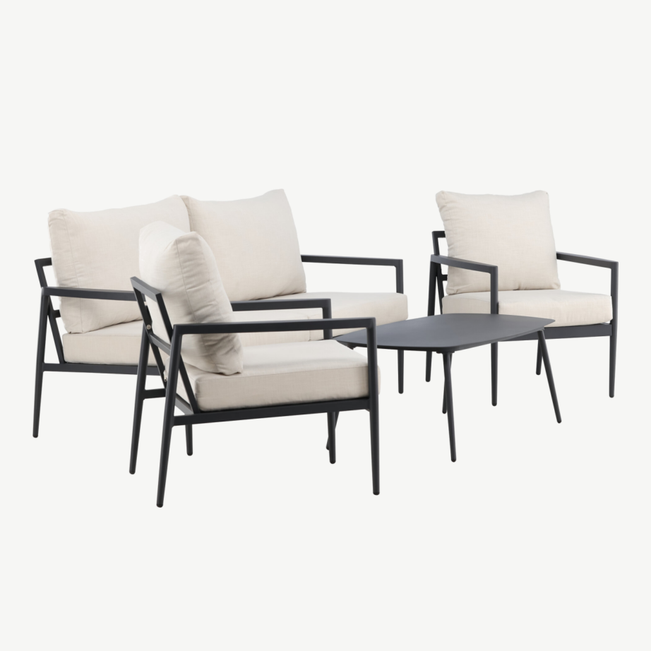 Taromina must aiamööbli komplekt: musta raamiga diivan, 2 beežide patjadega tugitooli ja laud, 2140-000 – 2