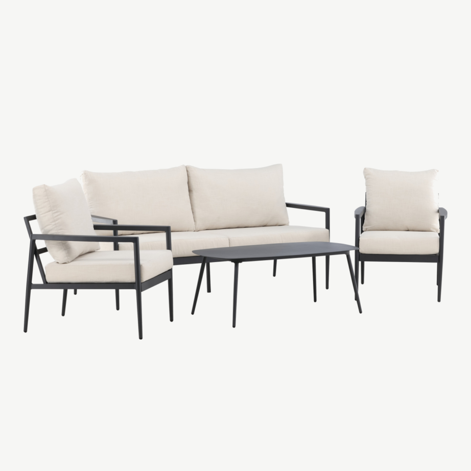 Taromina must aiamööbli komplekt: musta raamiga diivan, 2 beežide patjadega tugitooli ja laud, 2140-000 – 3