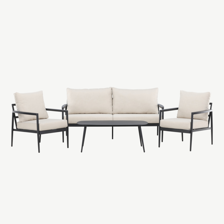 Taromina must aiamööbli komplekt: musta raamiga diivan, 2 beežide patjadega tugitooli ja laud, 2140-000 – 4