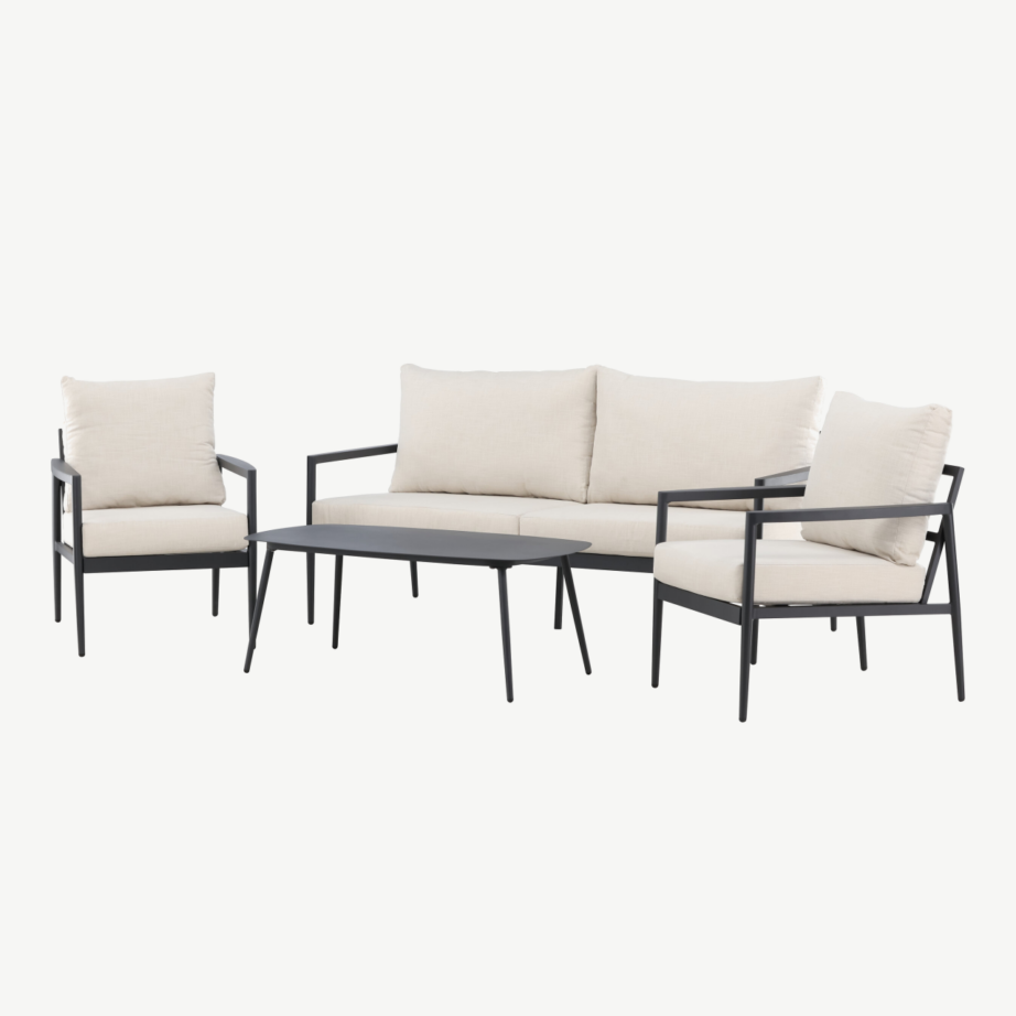 Taromina must aiamööbli komplekt: musta raamiga diivan, 2 beežide patjadega tugitooli ja laud, 2140-000 – 5