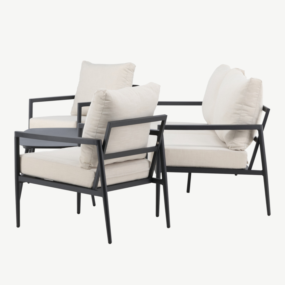 Taromina must aiamööbli komplekt: musta raamiga diivan, 2 beežide patjadega tugitooli ja laud, 2140-000 – 7