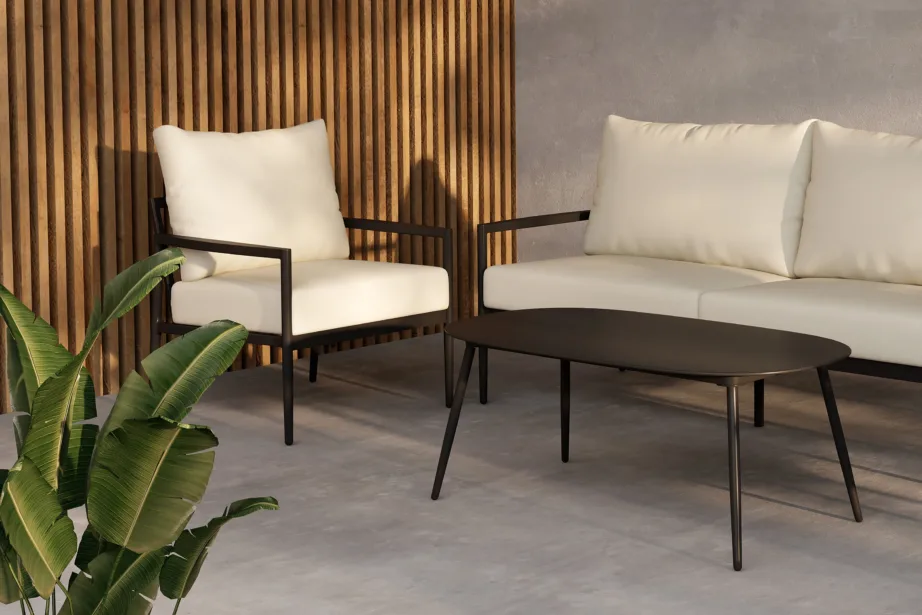 Taromina must aiamööbli komplekt: musta raamiga diivan, 2 beežide patjadega tugitooli ja laud, 2140-000 – 14