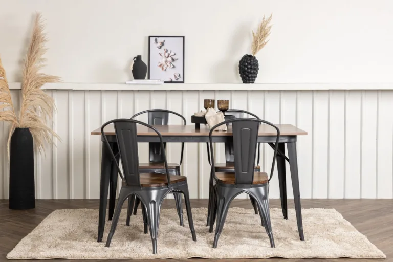 Tempe söögilauakomplekt (pähklitooni MDF ja must teras, 4 tooli) - GR22991