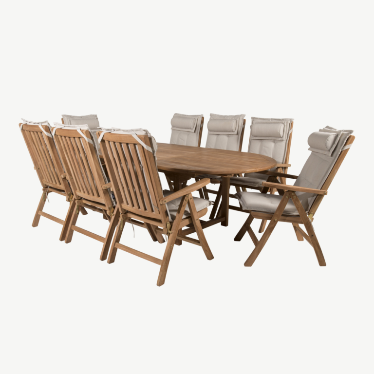 Tiigipuidust ovaalne aiamööbli komplekt Kenya, laud pikendatav 180/240x120 cm ja 8 kokkupandavat tooli - GR22599