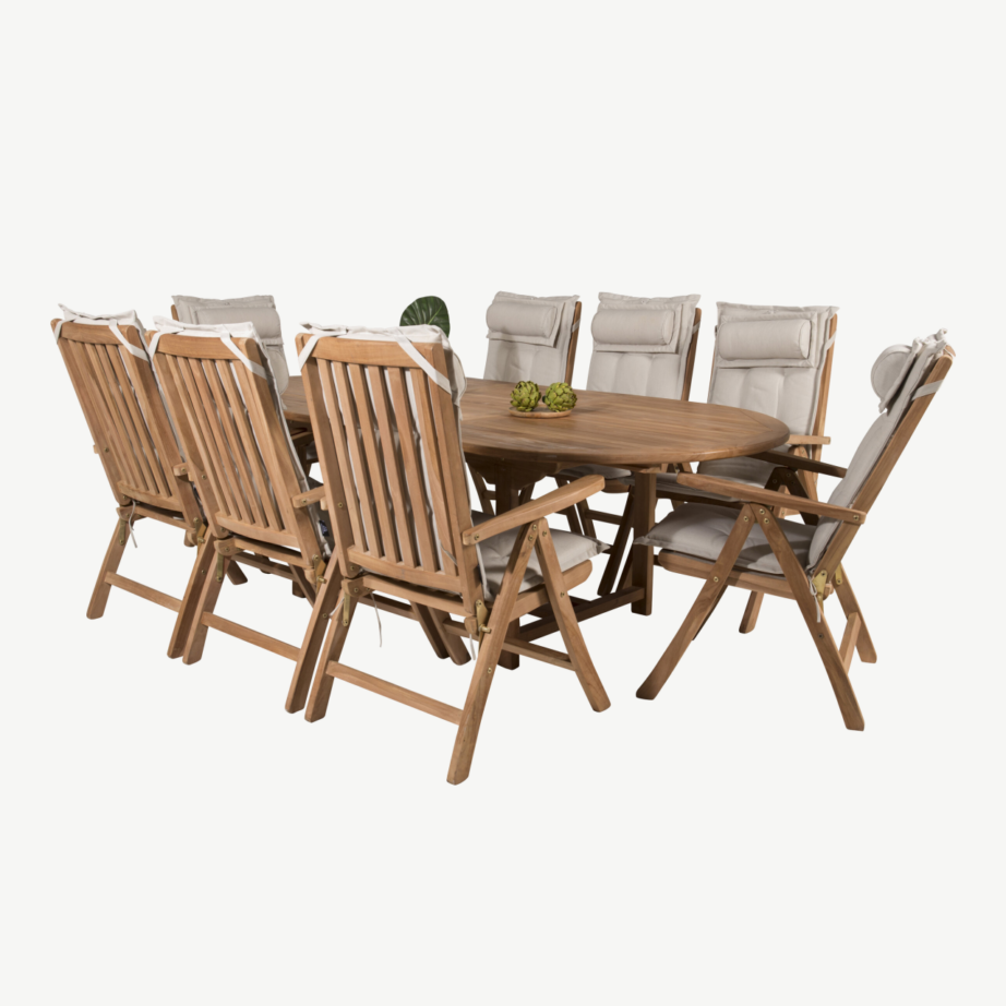 Tiigipuidust ovaalne aiamööbli komplekt Kenya, laud pikendatav 180/240×120 cm ja 8 kokkupandavat tooli, GR22599 – 5