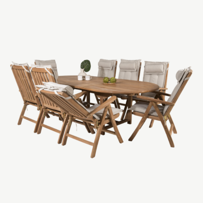 Tiigipuidust ovaalne aiamööbli komplekt Kenya, laud pikendatav 180/240x120 cm ja 8 kokkupandavat tooli - GR22599