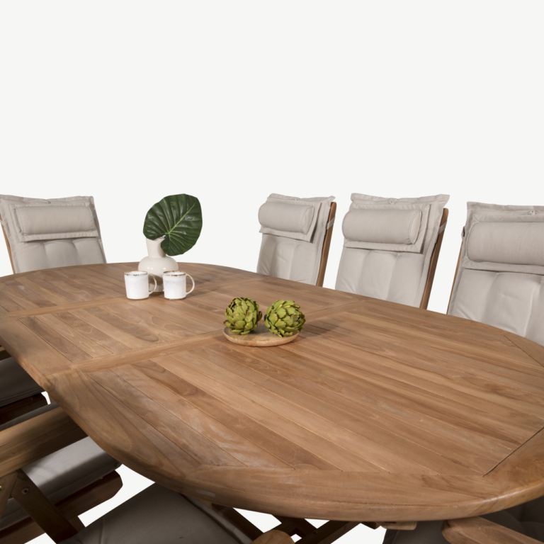 Tiigipuidust ovaalne aiamööbli komplekt Kenya, laud pikendatav 180/240x120 cm ja 8 kokkupandavat tooli - GR22599