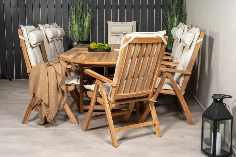 Tiigipuidust ovaalne aiamööbli komplekt Kenya, laud pikendatav 180/240×120 cm ja 8 kokkupandavat tooli, GR22599 – 8