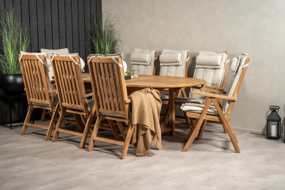 Tiigipuidust ovaalne aiamööbli komplekt Kenya, laud pikendatav 180/240×120 cm ja 8 kokkupandavat tooli, GR22599 – 9