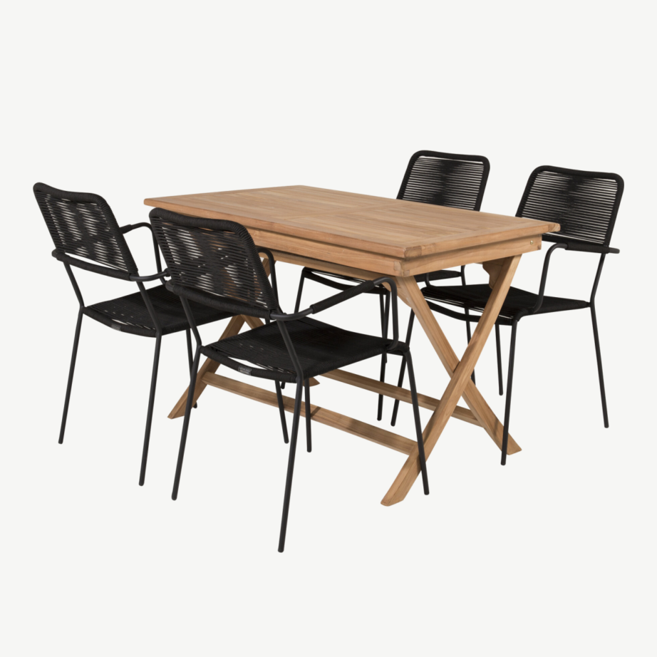 Tiigipuust aiakomplekt Kenya (ristkülikukujuline laud 120×70 cm, mustad Lindos toolid), GR22597 – 3