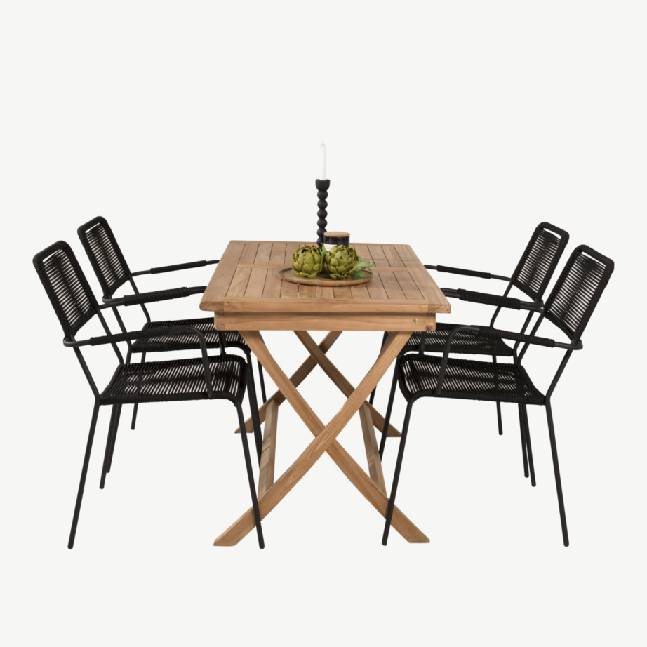 Tiigipuust aiakomplekt Kenya (ristkülikukujuline laud 120×70 cm, mustad Lindos toolid), GR22597 – 4
