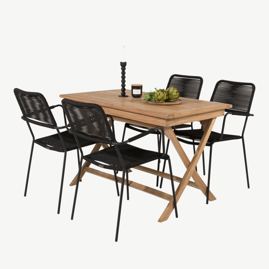 Tiigipuust aiakomplekt Kenya (ristkülikukujuline laud 120×70 cm, mustad Lindos toolid), GR22597