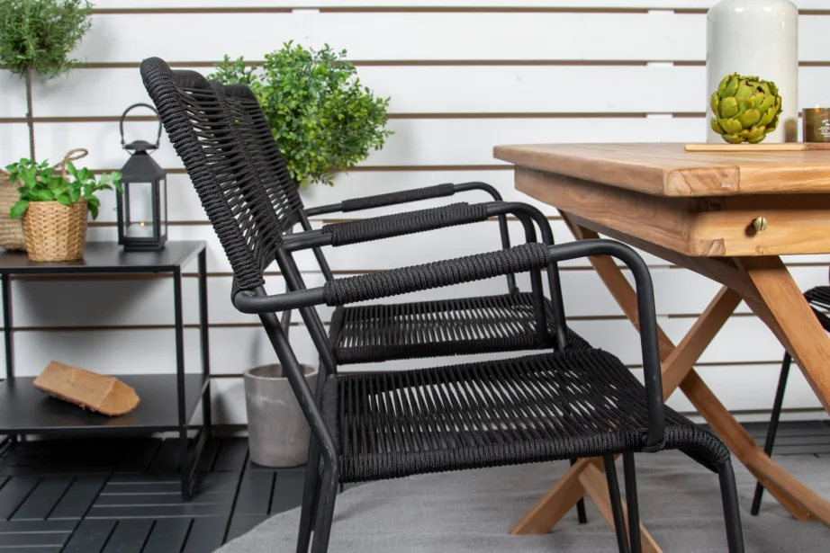 Tiigipuust aiakomplekt Kenya (ristkülikukujuline laud 120×70 cm, mustad Lindos toolid), GR22597 – 7