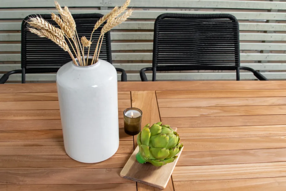 Tiigipuust aiakomplekt Kenya (ristkülikukujuline laud 120×70 cm, mustad Lindos toolid), GR22597 – 8