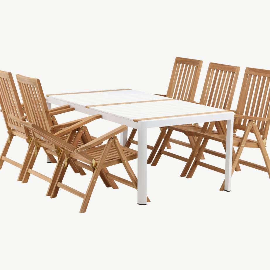 Togo ristkülikukujuline aiamööbli komplekt (valge laud, tiigipuit, 6 kokkupandavat tooli), GR22755 – 5