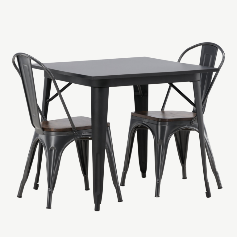 Tööstusliku stiiliga söögilaud ja tool Tempe (must MDF, tumehall teras, 80x80cm) - GR23009