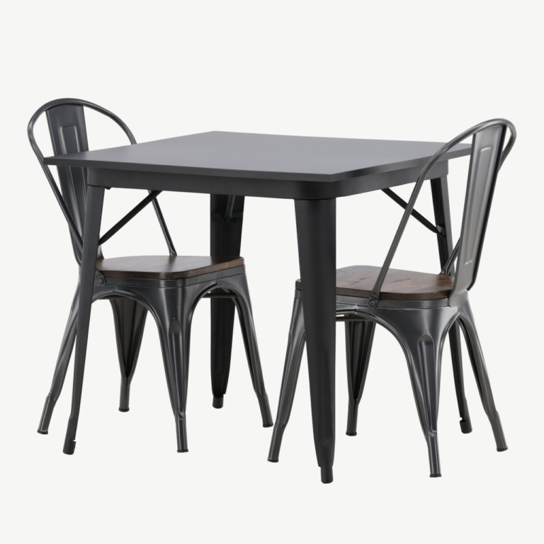 Tööstusliku stiiliga söögilaud ja tool Tempe (must MDF, tumehall teras, 80x80cm) - GR23009