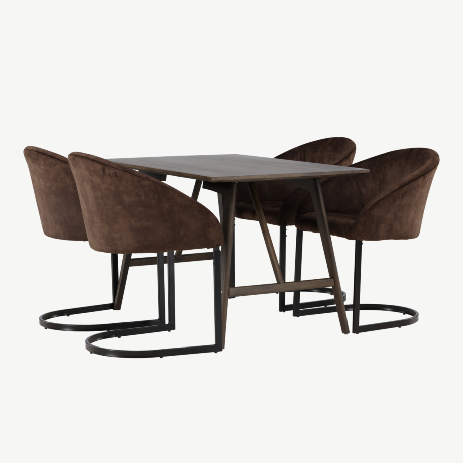 Tumepruun Kaseidon söögilaud ja pruunid polsterdatud Evening toolid (4 tk), kummipuu ja teras, GR23858 – 4