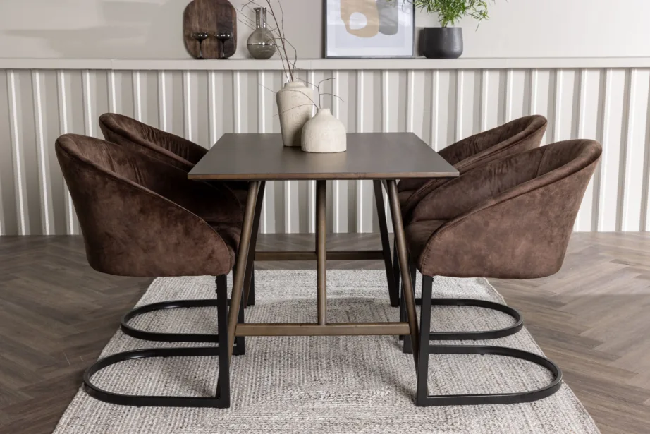 Tumepruun Kaseidon söögilaud ja pruunid polsterdatud Evening toolid (4 tk), kummipuu ja teras, GR23858 – 5