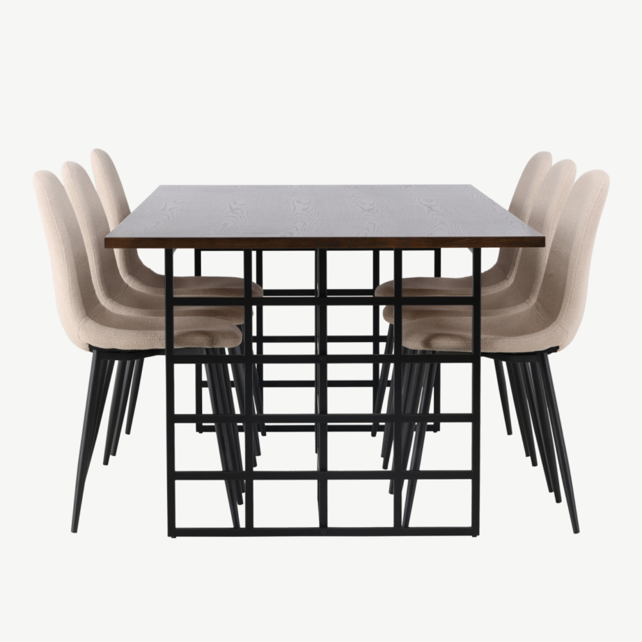 Tumepruun söögilaud Ystad ja beeži buklee kattega toolid Polar (6 kohta, metalljalad), GR23762 – 3
