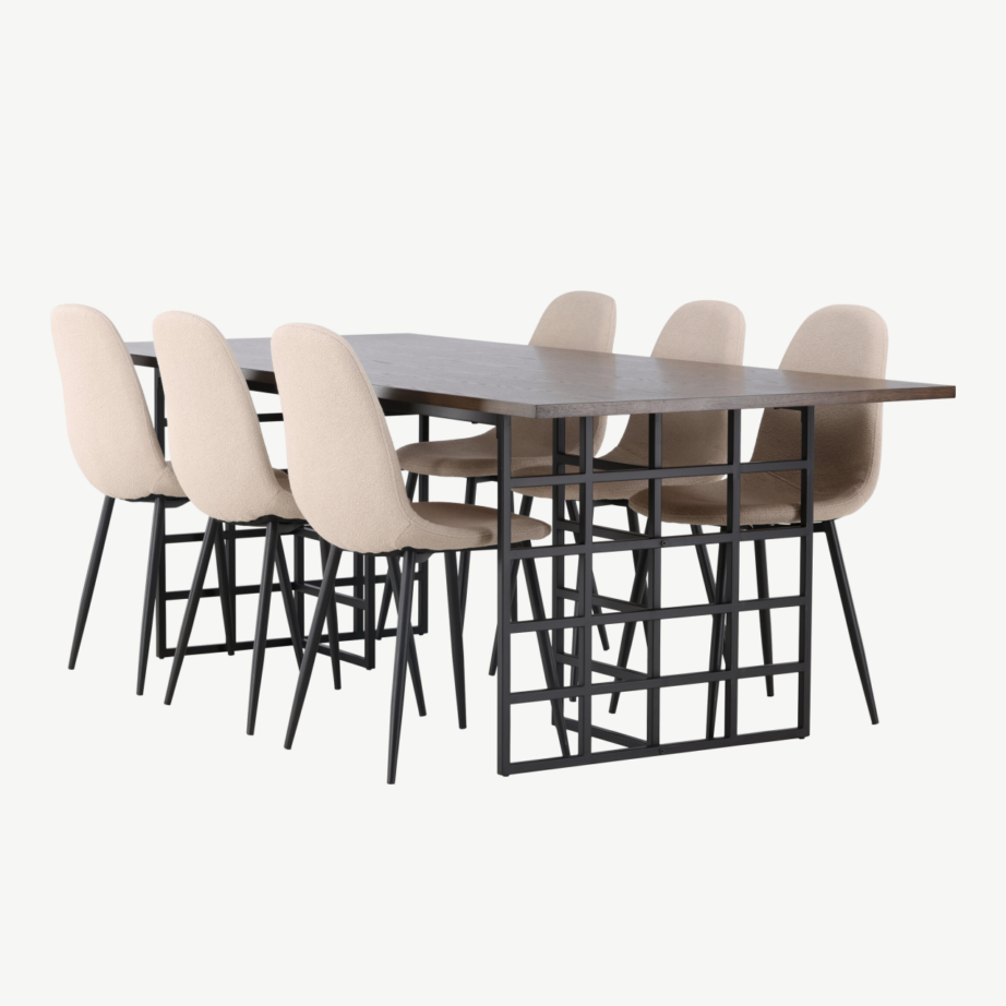 Tumepruun söögilaud Ystad ja beeži buklee kattega toolid Polar (6 kohta, metalljalad), GR23762 – 4