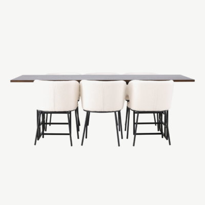 Tumepruun söögilaud Ystad (tammespoon, 220x100 cm) ja polsterdatud söögitool Edina (valge buklee, mustad metalljalad) - GR23763